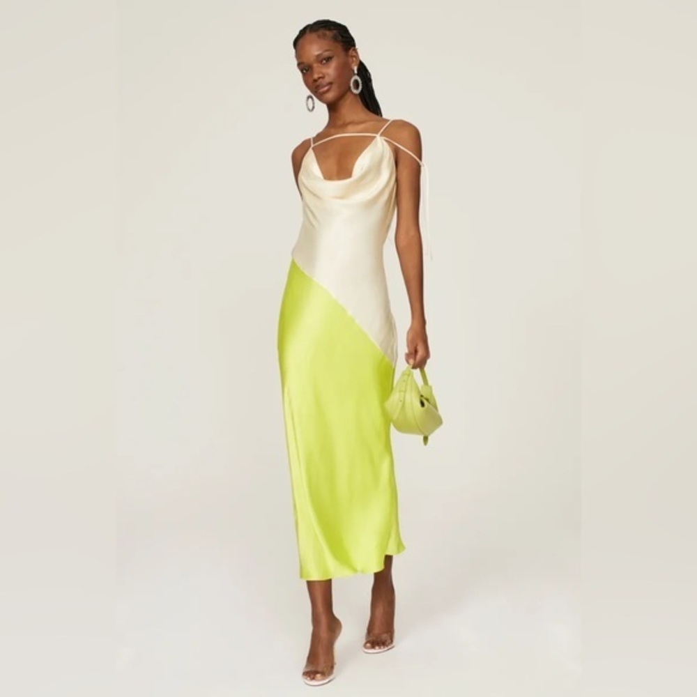 San Sloane Zita Satin Slip Midi Dress Bias Cut Chartreuse Small